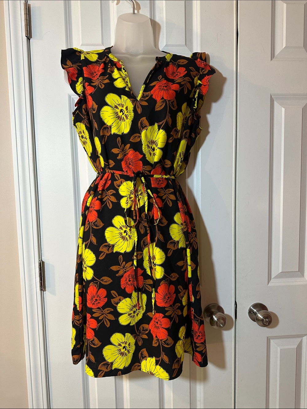 Ann Taylor Factory Black Midi Dress with Yellow & Orange Floral Print